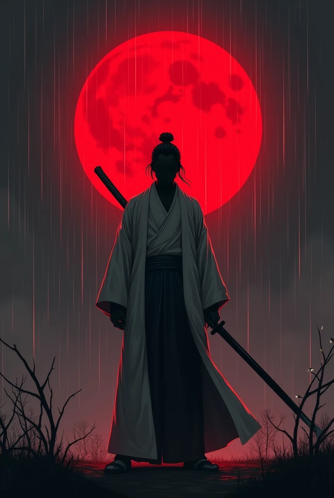 Demon Slayer 1 Yoriichi Tsugikuni。silhouette,There is a red moon in the background、Holding a sword,,The color is black.The kimono is a white kimono.、The moon is in the center of the body、No Face。rain,