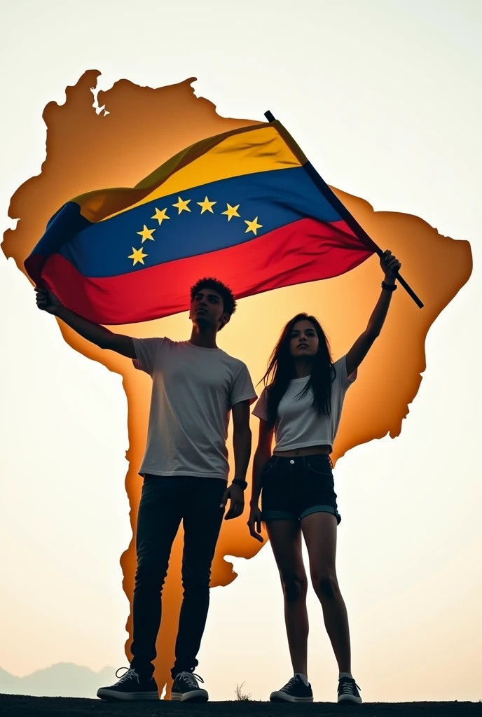Teenagers holding the Venezuelan flag inside the map of Brazil