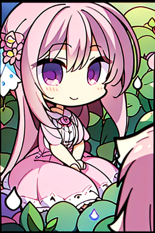 Perfect face. Perfect hands. A pink haired woman with violet eyes with an hourglass figure in a pink dress is smiling while picking flowers in a garden of peonies
