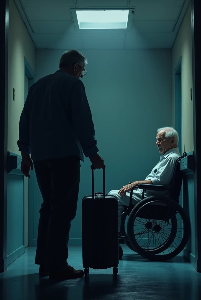A melancholic scene in a dimly lit nursing home hallway. A middle-aged man, shown from the back or in profile, is holding a suitcase in one hand, hesitating as he prepares to leave. In the background, a frail elderly man sits in a wheelchair or on a bench against the wall, his expression a mix of sadness and understanding. The elderly man has a tear or a glimmer in his eye, emphasizing the emotional weight of the moment. The colors are predominantly cool, with shades of dark blue and gray, accented by a soft, warm light that creates a subtle contrast. Text overlay: 'The price of choice...' or 'A decision that changes everything...' in impactful, slightly shadowed letters."