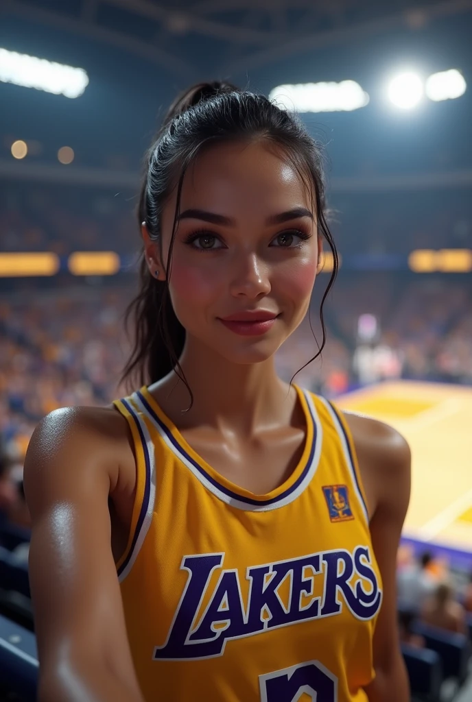 ,Italian brunette Bellucci woman, (((Very beautiful 2 girl))), pretty gir、 ((beautiful low ponytail)), super cute face, glossy lips, double eyelids in both eyes, kiss、 natural makeup, long eyelashes, Shiny and smooth hair、center image, perfect limbs, perfect anatomy,(((basketball Lakers uniform)))、,(wet with sweat),full body, she takes selfie, in reel stadium of lakers basketball in back, she are in tribune, masterpiece,超A high resolution),Italian brunette Bellucci woman, (((Very beautiful 2 girl))), pretty gir、 ((beautiful low ponytail)), masterpiece,超A high resolution),Italian brunette Bellucci woman, (((Very beautiful 2 girl))), pretty gir、 ((beautiful low ponytail)),she kisses cam with her mouth, no reflection on her body, more realistic, iPhone quality, more dynamism, clearly see the stadium in the background, without her pant, most reel, she take a picture with her phone, not in portrait mode, to see the stadium in background
