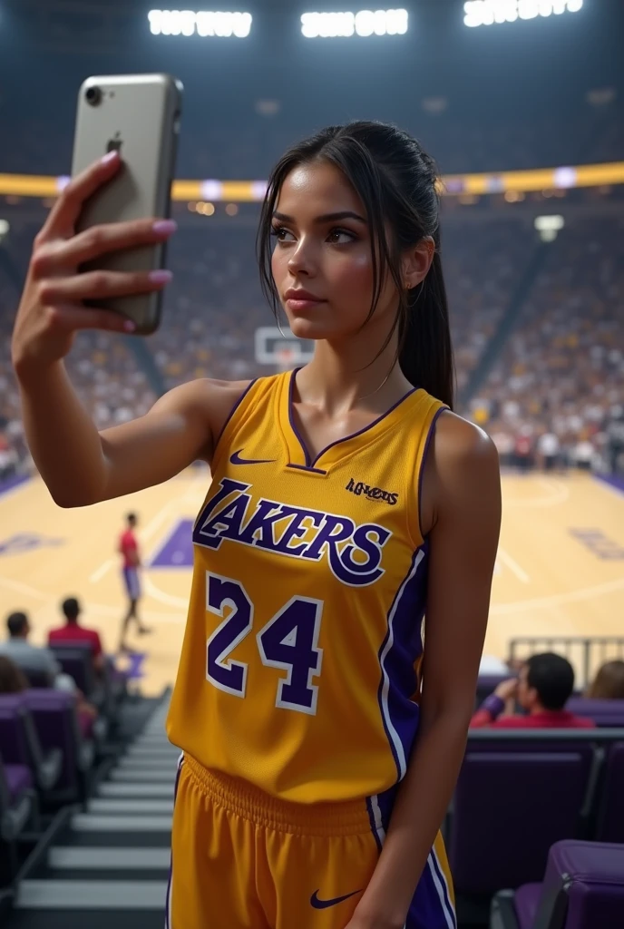 ,Italian brunette Bellucci woman, (((Very beautiful 2 girl))), pretty gir、 ((beautiful low ponytail)), super cute face, glossy lips, double eyelids in both eyes, kiss、 natural makeup, long eyelashes, Shiny and smooth hair、center image, perfect limbs, perfect anatomy,(((basketball Lakers uniform)))、,(wet with sweat),full body, she takes selfie, in reel stadium of lakers basketball in back, she are in tribune, masterpiece,超A high resolution),Italian brunette Bellucci woman, (((Very beautiful 2 girl))), pretty gir、 ((beautiful low ponytail)), masterpiece,超A high resolution),Italian brunette Bellucci woman, (((Very beautiful 2 girl))), pretty gir、 ((beautiful low ponytail)),she kisses cam with her mouth, no reflection on her body, more realistic, iPhone quality, more dynamism, clearly see the stadium in the background, without her pant, most reel, she take a picture with her phone, not in portrait mode, to see the stadium in background