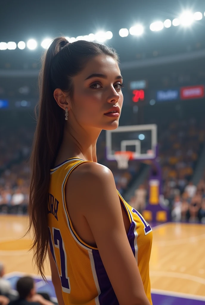 ,Italian brunette Bellucci woman, (((Very beautiful 2 girl))), pretty gir、 ((beautiful low ponytail)), super cute face, glossy lips, double eyelids in both eyes, kiss、 natural makeup, long eyelashes, Shiny and smooth hair、center image, perfect limbs, perfect anatomy,(((basketball Lakers uniform)))、,(wet with sweat),full body, she takes selfie, in reel stadium of lakers basketball in back, she are in tribune, masterpiece,超A high resolution),Italian brunette Bellucci woman, (((Very beautiful 2 girl))), pretty gir、 ((beautiful low ponytail)), masterpiece,超A high resolution),Italian brunette Bellucci woman, (((Very beautiful 2 girl))), pretty gir、 ((beautiful low ponytail)),she kisses cam with her mouth, no reflection on her body, more realistic, iPhone quality, more dynamism, clearly see the stadium in the background, without her pant, most reel, she take a picture with her phone, not in portrait mode, to see the stadium in background