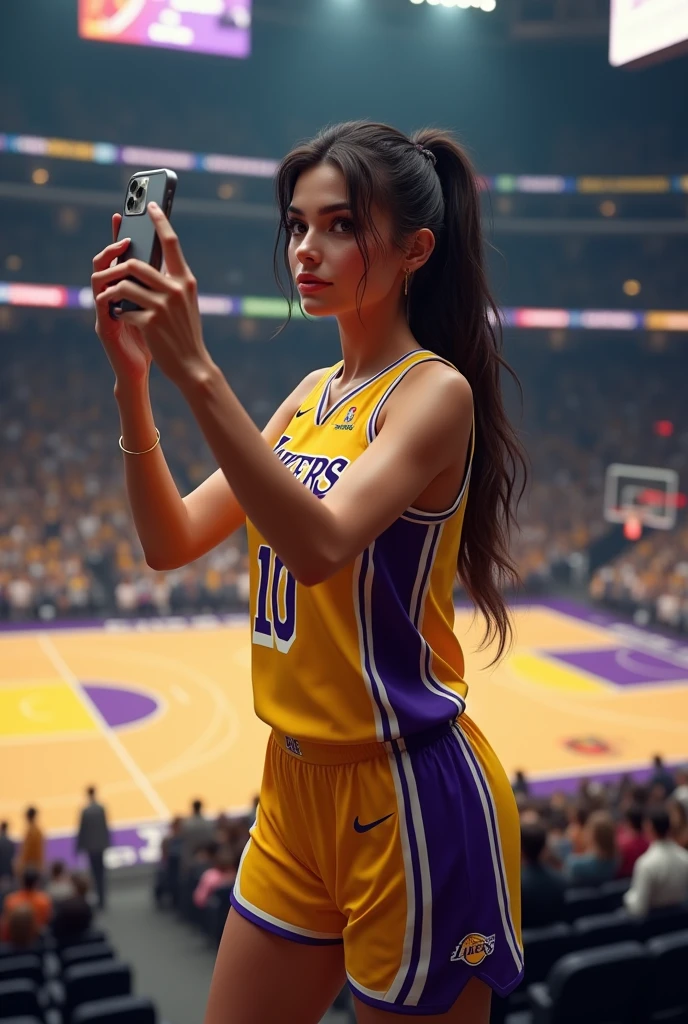 ,Italian brunette Bellucci woman, (((Very beautiful 2 girl))), pretty gir、 ((beautiful low ponytail)), super cute face, glossy lips, double eyelids in both eyes, kiss、 natural makeup, long eyelashes, Shiny and smooth hair、center image, perfect limbs, perfect anatomy,(((basketball Lakers uniform)))、,(wet with sweat),full body, she takes selfie, in reel stadium of lakers basketball in back, she are in tribune, masterpiece,超A high resolution),Italian brunette Bellucci woman, (((Very beautiful 2 girl))), pretty gir、 ((beautiful low ponytail)), masterpiece,超A high resolution),Italian brunette Bellucci woman, (((Very beautiful 2 girl))), pretty gir、 ((beautiful low ponytail)),she kisses cam with her mouth, no reflection on her body, more realistic, iPhone quality, more dynamism, clearly see the stadium in the background, without her pant, most reel, she take a picture with her phone, not in portrait mode, to see the stadium in background