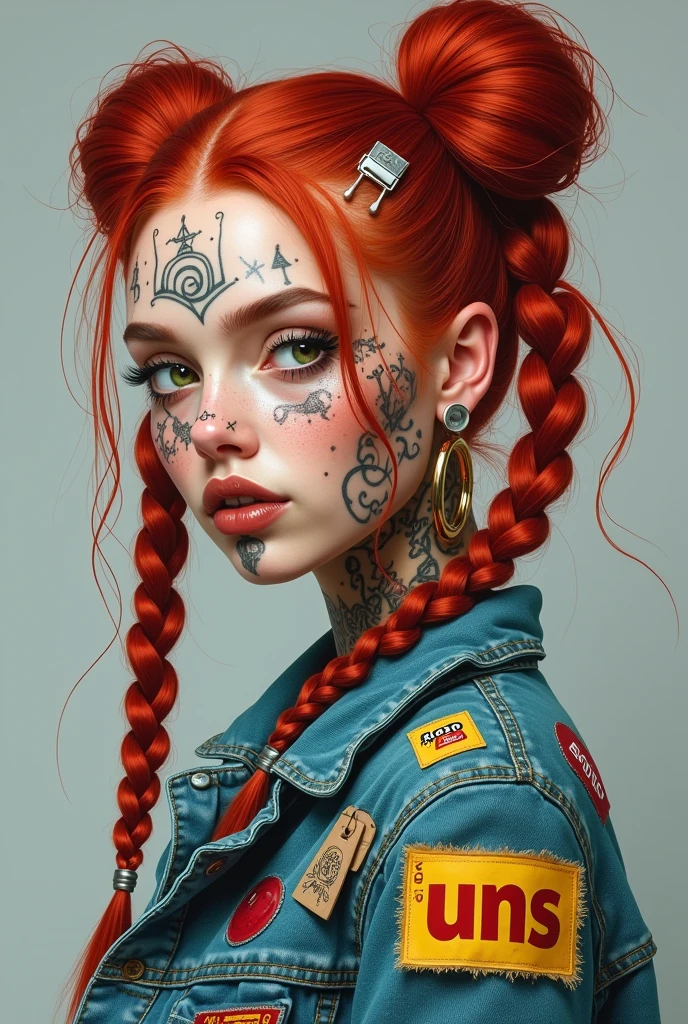 A highly detailed, hyper-realistic portrait painting of a young woman with vibrant crimson red hair styled in an elaborate high bun and two long braided pigtails. The hair features intricate braids and is adorned with various accessories including paper clips, tags, small yellow rectangular labels, and a prominent brown card with 'UNS' written in white bold letters. The woman's face is covered in elaborate tattoos with intricate designs including swirls, leaves, geometric patterns, triangles, and symbols like hearts and anchors. She has striking green eyes accentuated with heavy eyeliner and mascara, thick, well-defined eyebrows, and full lips with a glossy brown hue. Her skin is light beige with numerous small freckles scattered across her cheeks, nose, and forehead. The woman wears large hoop earrings on both ears, with one ear featuring multiple gauges. She's dressed in a denim jacket with various colorful patches, including a prominent yellow patch with frayed edges and the text 'ADD ROO' in red bold letters, over a turquoise shirt. The jacket features intricate tattoo-like designs, with the word 'CH' visible on the left shoulder. The background is plain light gray, ensuring all focus remains on the subject's detailed features and vibrant appearance. The lighting is soft and even, highlighting the textures and colors of the tattoos, hair, and accessories, while creating a balanced exposure that brings out the intense colors and intricate details of this modern, edgy, and artistic portrait.