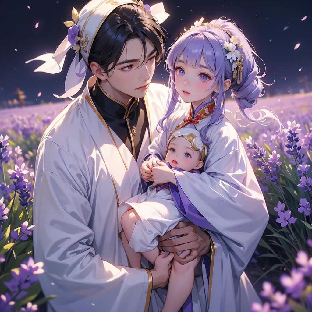 A one-year-old baby boy in an white ancient Chinese baby costume with his beautiful mother, dressed in an ancient Chinese costume, Stroll among the purple lavender fields , There are some floating clouds, playing with each other, with his handsome father standing next to his mother, close up.