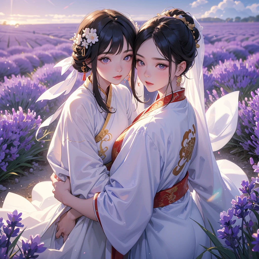 A one-year-old baby boy in an white ancient Chinese baby costume with his beautiful mother, dressed in an ancient Chinese costume, Stroll among the purple lavender fields , There are some floating clouds, playing with each other, with his handsome father standing next to his mother, close up.