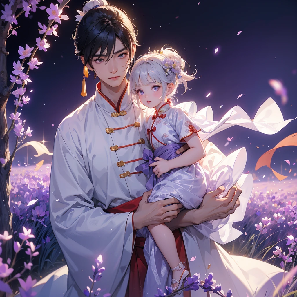 A one-year-old baby boy in an white ancient Chinese baby costume with his beautiful mother, dressed in an ancient Chinese costume, Stroll among the purple lavender fields , There are some floating clouds, playing with each other, with his handsome father standing next to his mother, close up.
