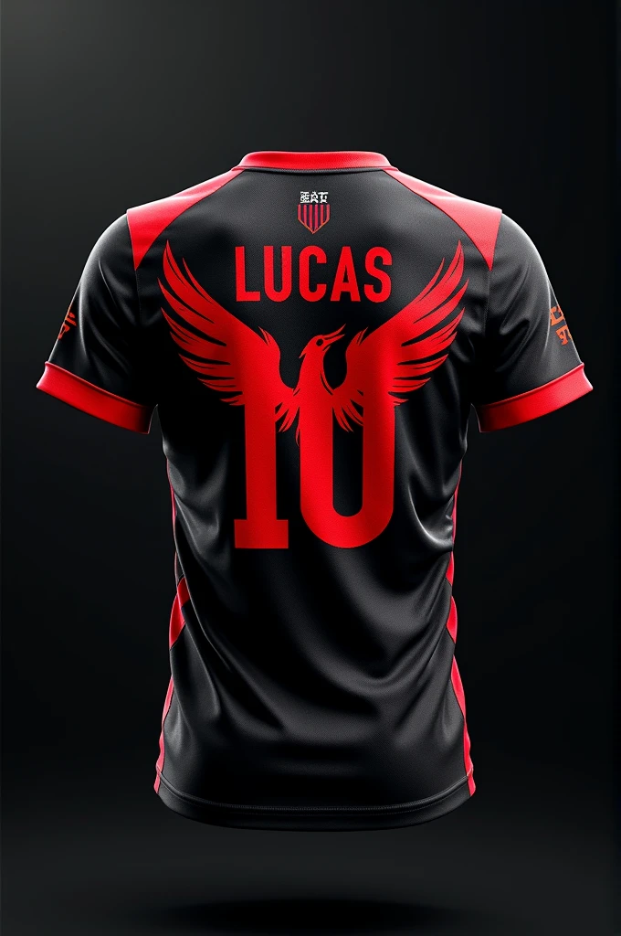 Make an image of an interlayer shirt with a black background and red details, with the phoenix mascot and phoenix wing on the shirt, the shirt front and back with the name “Lucas”, and the number “10”