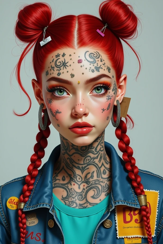 A highly detailed, hyper-realistic portrait painting of a young woman with vibrant crimson red hair styled in an elaborate high bun and two long braided pigtails. The hair features intricate braids and is adorned with various accessories including paper clips, tags, small yellow rectangular labels, and a prominent brown card with 'UNS' written in white bold letters. The woman's face is covered in elaborate tattoos with intricate designs including swirls, leaves, geometric patterns, triangles, and symbols like hearts and anchors. She has striking green eyes accentuated with heavy eyeliner and mascara, thick, well-defined eyebrows, and full lips with a glossy brown hue. Her skin is light beige with numerous small freckles scattered across her cheeks, nose, and forehead. The woman wears large hoop earrings on both ears, with one ear featuring multiple gauges. She's dressed in a denim jacket with various colorful patches, including a prominent yellow patch with frayed edges and the text 'ADD ROO' in red bold letters, over a turquoise shirt. The jacket features intricate tattoo-like designs, with the word 'CH' visible on the left shoulder. The background is plain light gray, ensuring all focus remains on the subject's detailed features and vibrant appearance. The lighting is soft and even, highlighting the textures and colors of the tattoos, hair, and accessories, while creating a balanced exposure that brings out the intense colors and intricate details of this modern, edgy, and artistic portrait.