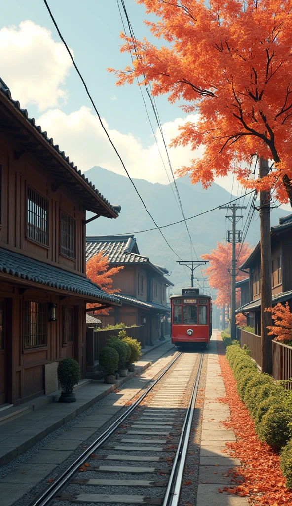 (Best Quality,4k,8k,High resolution,masterpiece:1.2),ultra detailed,sharp focus,(realist,photorealist,photo-realist:1.37), 35mm lens,multiple angles,Scene of empty town,countryside,tram,japan vilage,Autumn season,wooden house,(Fine, fluffy fur),(35mm cinema lens),(multi-angle shooting),(Many viewing angles)