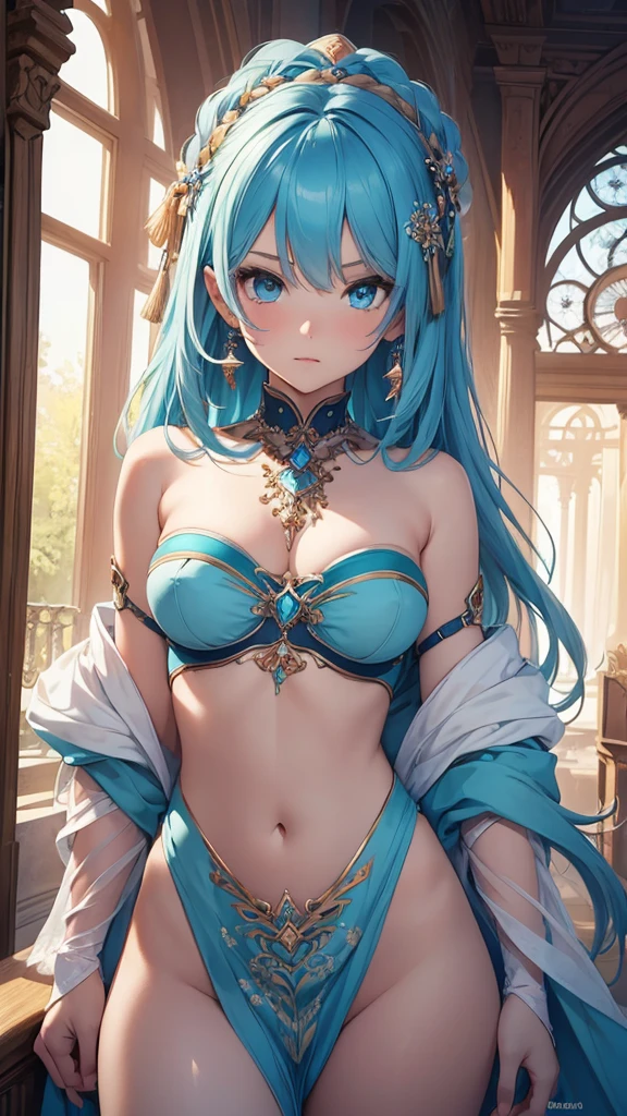 (Masterpiece, Top Quality, Best Quality, Official Art, Beauty and Aesthetics: 1.2), (1girl: 1.3), (Fractal Art: 1.3), Vibrant Aqua Blue Eyes, Medium Hair with Tassels, Nude Midpart