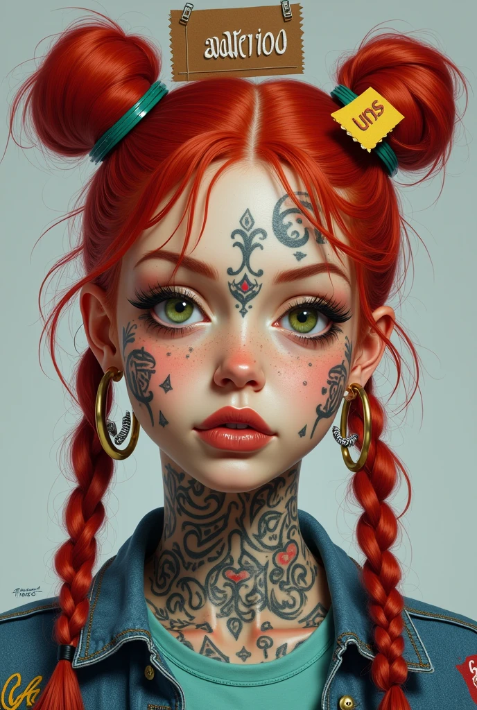 A highly detailed, hyper-realistic portrait painting of a young woman with vibrant crimson red hair styled in an elaborate high bun and two long braided pigtails. The hair features intricate braids and is adorned with various accessories including paper clips, tags, small yellow rectangular labels, and a prominent brown card with 'UNS' written in white bold letters. The woman's face is covered in elaborate tattoos with intricate designs including swirls, leaves, geometric patterns, triangles, and symbols like hearts and anchors. She has striking green eyes accentuated with heavy eyeliner and mascara, thick, well-defined eyebrows, and full lips with a glossy brown hue. Her skin is light beige with numerous small freckles scattered across her cheeks, nose, and forehead. The woman wears large hoop earrings on both ears, with one ear featuring multiple gauges. She's dressed in a denim jacket with various colorful patches, including a prominent yellow patch with frayed edges and the text 'ADD ROO' in red bold letters, over a turquoise shirt. The jacket features intricate tattoo-like designs, with the word 'CH' visible on the left shoulder. The background is plain light gray, ensuring all focus remains on the subject's detailed features and vibrant appearance. The lighting is soft and even, highlighting the textures and colors of the tattoos, hair, and accessories, while creating a balanced exposure that brings out the intense colors and intricate details of this modern, edgy, and artistic portrait.