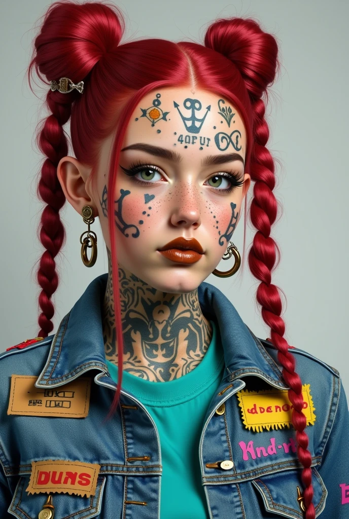 A highly detailed, hyper-realistic portrait painting of a young woman with vibrant crimson red hair styled in an elaborate high bun and two long braided pigtails. The hair features intricate braids and is adorned with various accessories including paper clips, tags, small yellow rectangular labels, and a prominent brown card with 'UNS' written in white bold letters. The woman's face is covered in elaborate tattoos with intricate designs including swirls, leaves, geometric patterns, triangles, and symbols like hearts and anchors. She has striking green eyes accentuated with heavy eyeliner and mascara, thick, well-defined eyebrows, and full lips with a glossy brown hue. Her skin is light beige with numerous small freckles scattered across her cheeks, nose, and forehead. The woman wears large hoop earrings on both ears, with one ear featuring multiple gauges. She's dressed in a denim jacket with various colorful patches, including a prominent yellow patch with frayed edges and the text 'ADD ROO' in red bold letters, over a turquoise shirt. The jacket features intricate tattoo-like designs, with the word 'CH' visible on the left shoulder. The background is plain light gray, ensuring all focus remains on the subject's detailed features and vibrant appearance. The lighting is soft and even, highlighting the textures and colors of the tattoos, hair, and accessories, while creating a balanced exposure that brings out the intense colors and intricate details of this modern, edgy, and artistic portrait.