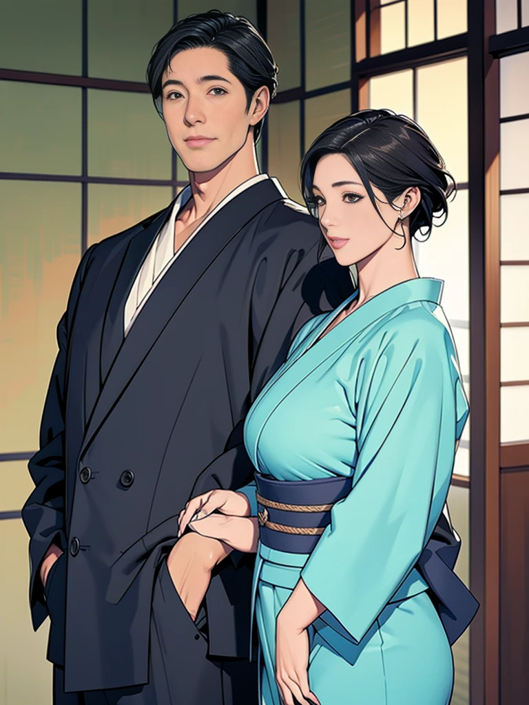 Double,Japanese Wind,Photorealism,detailed,masterpiece,Mature,Gentle men in suits and big-breasted women in kimonos,Smile,Standing,short hair