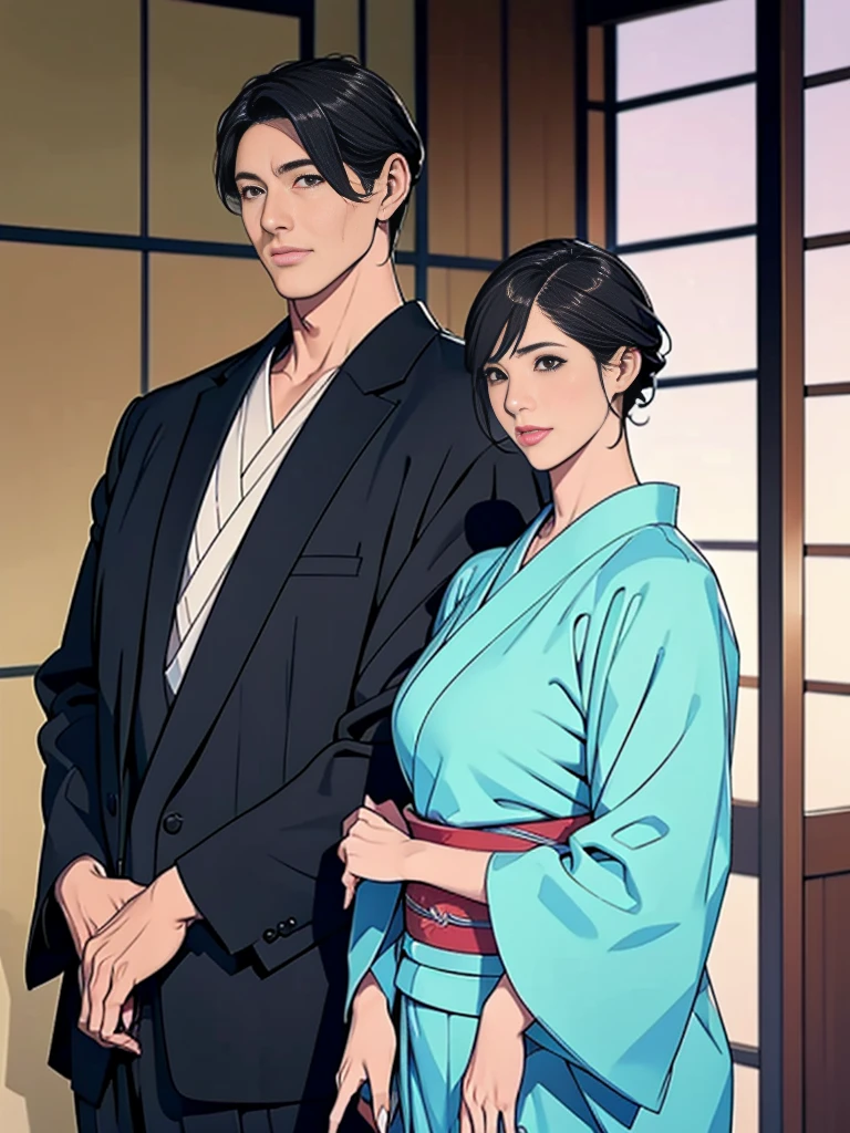 Double，Japanese Wind，Photorealism，detailed，masterpiece，Mature，Gentle men in suits and big-breasted women in kimonos，Smile，Standing，short hair
