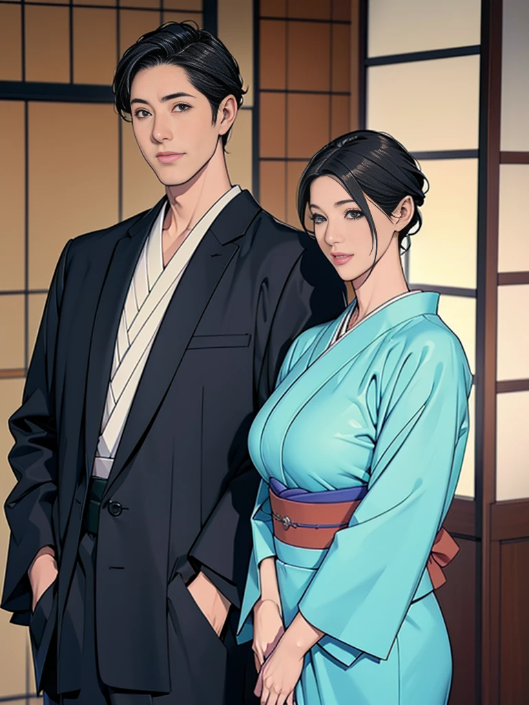 Double，Japanese Wind，Photorealism，detailed，masterpiece，Mature，Gentle men in suits and big-breasted women in kimonos，Smile，Standing，short hair
