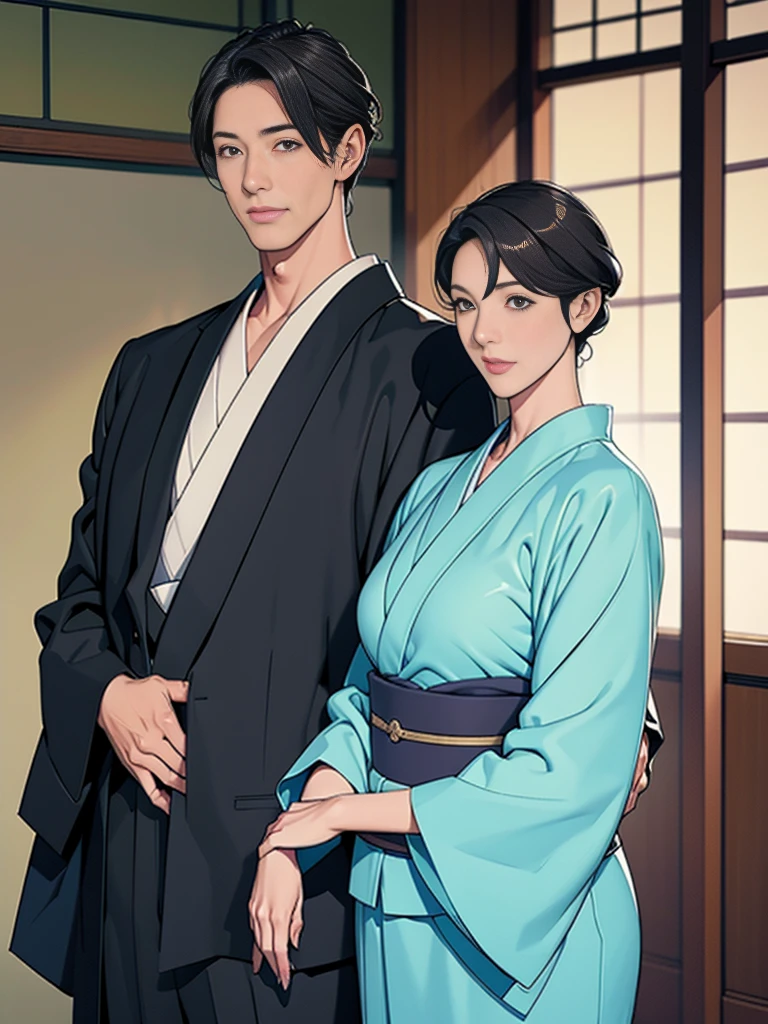 Double,Japanese Wind,Photorealism,detailed,masterpiece,Mature,Gentle men in suits and big-breasted women in kimonos,Smile,Standing,short hair