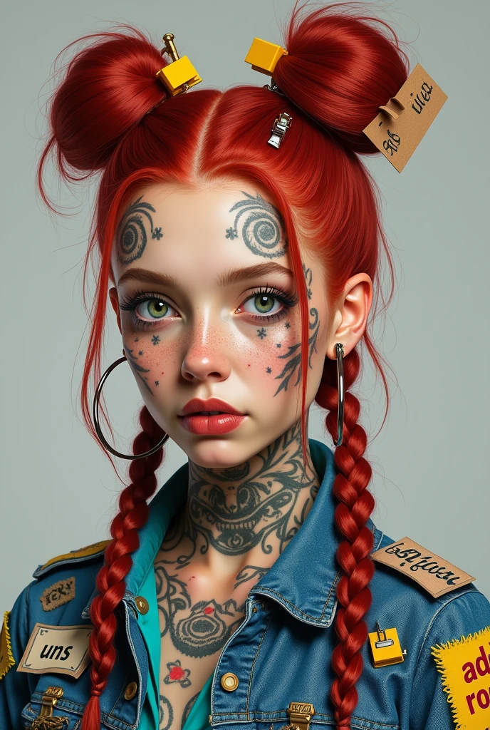 A highly detailed, hyper-realistic portrait painting of a young woman with vibrant crimson red hair styled in an elaborate high bun and two long braided pigtails. The hair features intricate braids and is adorned with various accessories including paper clips, tags, small yellow rectangular labels, and a prominent brown card with 'UNS' written in white bold letters. The woman's face is covered in elaborate tattoos with intricate designs including swirls, leaves, geometric patterns, triangles, and symbols like hearts and anchors. She has striking green eyes accentuated with heavy eyeliner and mascara, thick, well-defined eyebrows, and full lips with a glossy brown hue. Her skin is light beige with numerous small freckles scattered across her cheeks, nose, and forehead. The woman wears large hoop earrings on both ears, with one ear featuring multiple gauges. She's dressed in a denim jacket with various colorful patches, including a prominent yellow patch with frayed edges and the text 'ADD ROO' in red bold letters, over a turquoise shirt. The jacket features intricate tattoo-like designs, with the word 'CH' visible on the left shoulder. The background is plain light gray, ensuring all focus remains on the subject's detailed features and vibrant appearance. The lighting is soft and even, highlighting the textures and colors of the tattoos, hair, and accessories, while creating a balanced exposure that brings out the intense colors and intricate details of this modern, edgy, and artistic portrait.