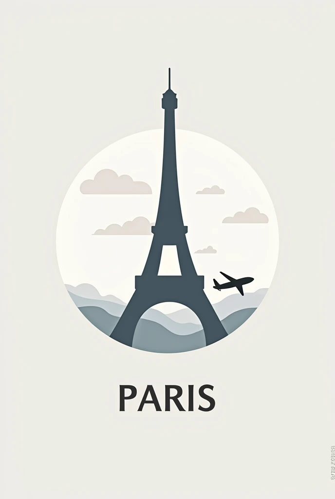 un logo simple en rond de tourisme dans paris avec la tour eiffel et un seul avion qui passe devant la tour eiffel de facon moderne et aerien en fond gris clair avec ecrit Let's go en bas de l'image avec un rond blanc e arriere planc et des nuage