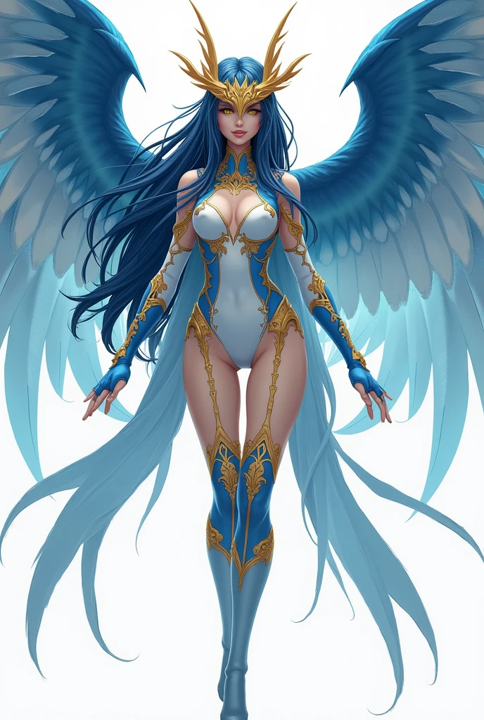 The Bird Girl has long dark blue hair, golden eyes and fair skin with a slight glow. Her heroine outfit is a sky blue and white bodysuit with gold details that resemble feathers.. She has large retractable wings in shades of blue and gold., ideal for flight. Wears a golden mask shaped like a bird's beak, in addition to gloves and light boots. A golden wing-shaped belt completes the outfit.. Its wings fold gently when it is not flying., reinforcing your identity. Make the full body image