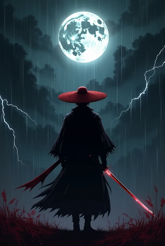 Demon Slayer riichi Tsugikuni。silhouette，There is a black moon in the background。、Show me the sword、He is wearing a straw hat，color is red.、The moon is in the center of the body、No Face。rain，thunder⚡，