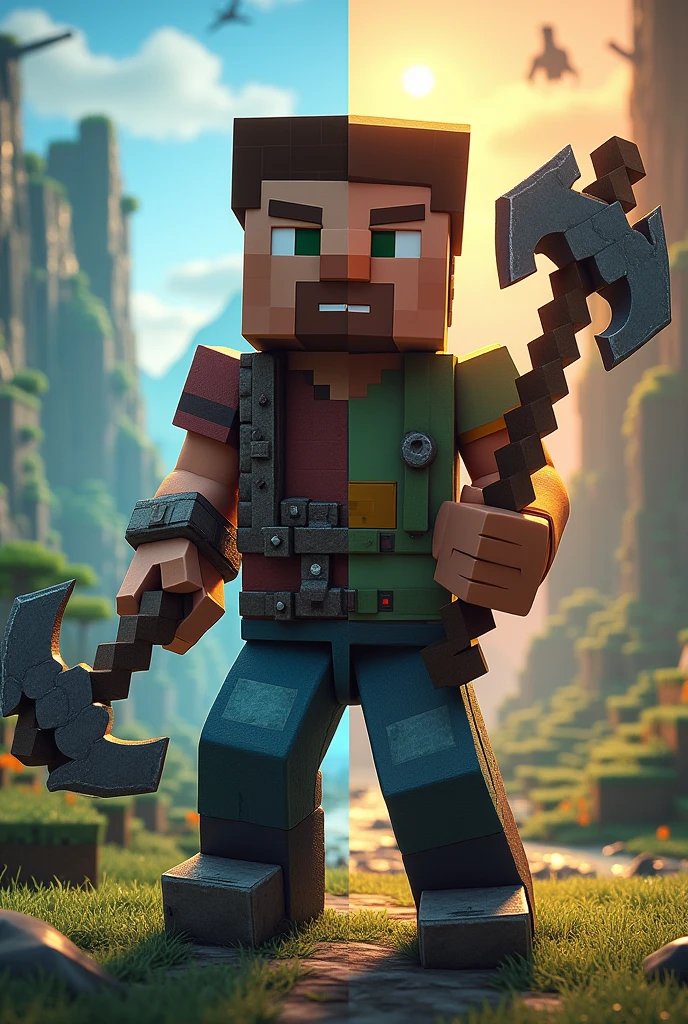 A split in half image with the character in the center that is half ark survival evolved character holding a pickaxe from the game and the other half a Minecraft character with a pickaxe from that game in hand.