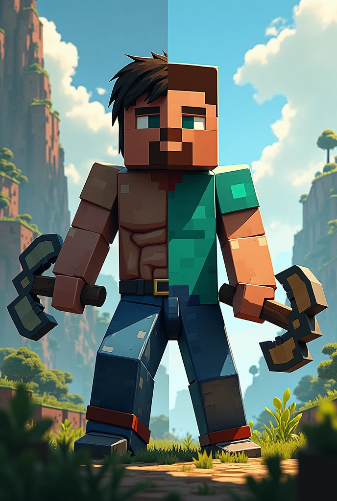 A split in half image with the character in the center that is half ark survival evolved character holding a pickaxe from the game and the other half a Minecraft character with a pickaxe from that game in hand.