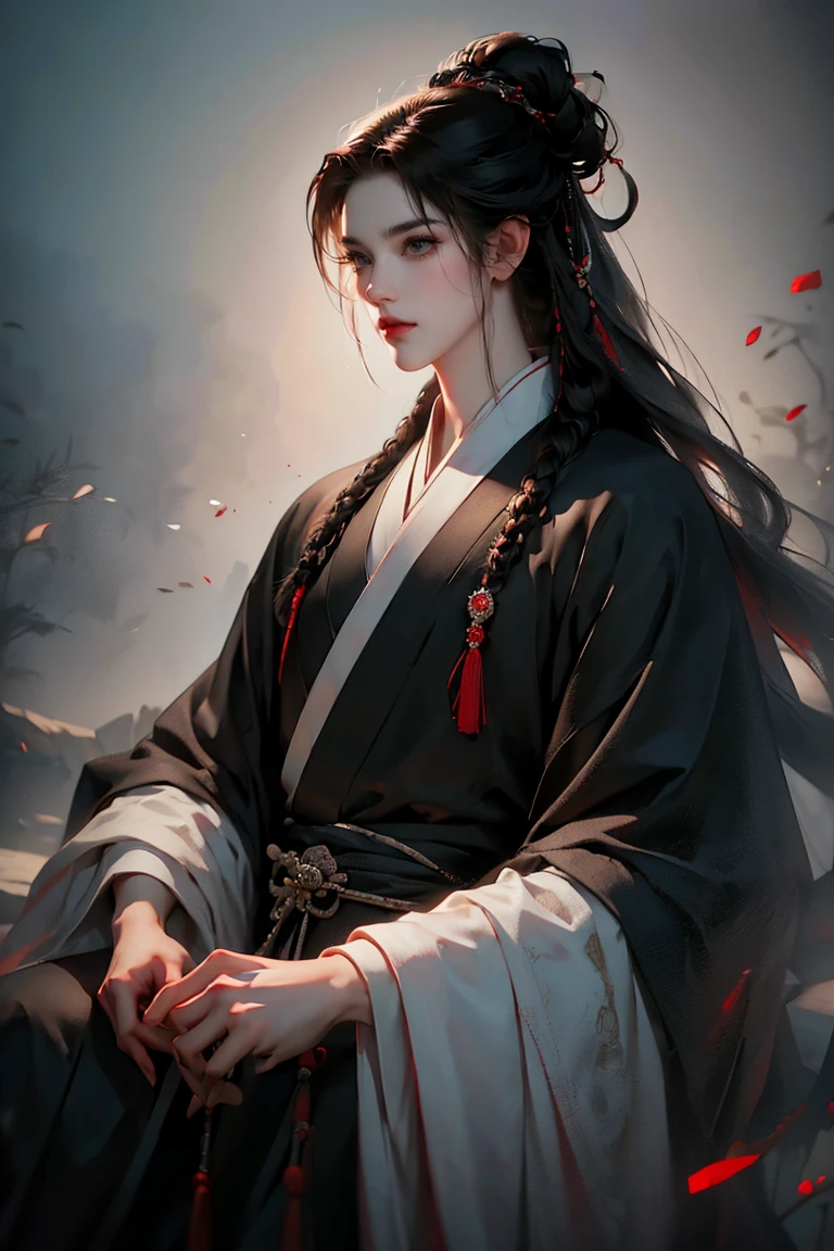 a man with long braided black hair trançado, black eyes, thoughtful pose, traditional Chinese clothing, (best quality,4k,8k,highres,masterpiece:1.2),ultra-detailed,(realistic,photorealistic,photo-realistic:1.37),intricate details, dramatic lighting, cinematic composition, rich color palette, moody atmosphere
