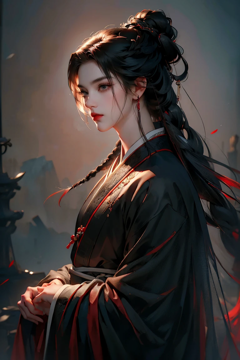 a man with long braided black hair trançado, black eyes, thoughtful pose, traditional Chinese clothing, (best quality,4k,8k,highres,masterpiece:1.2),ultra-detailed,(realistic,photorealistic,photo-realistic:1.37),intricate details, dramatic lighting, cinematic composition, rich color palette, moody atmosphere
