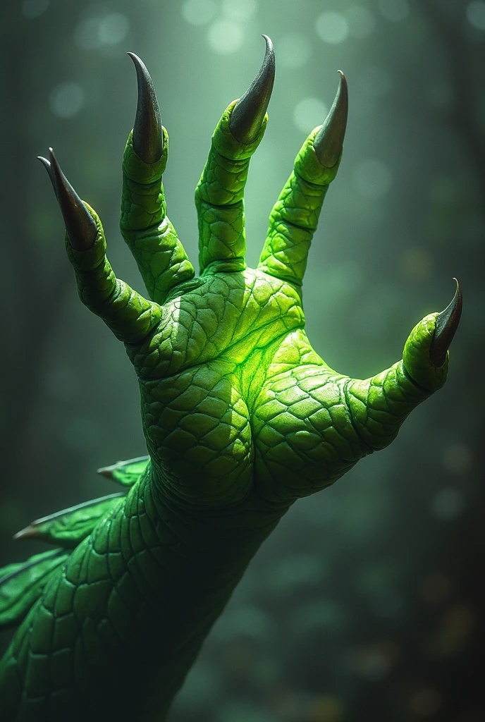 A man&#39;s hand turns into a dragon&#39;s hand，green scales，Three claws