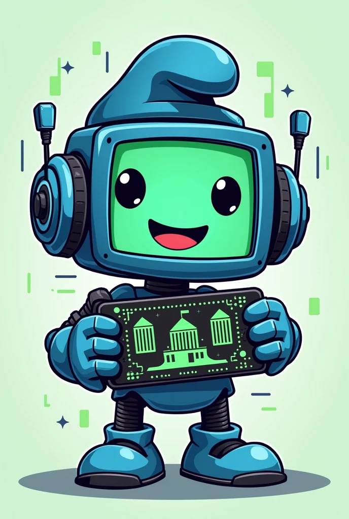Create a cute and trendy mascot image for a school scavenger hunt, incorporating elements of technology and education. The mascot should be a friendly robot with a light blue body and a screen for a face., showing a friendly smile and big eyes. Add technological details in green and black, as circuits and elements of educational tools, like books or tablets. The mascot must be holding a school crest that includes two metal silos and use the colors green, black and blue. For a thematic touch, include elements inspired by the Smurfs, like a blue hat or character-like details. The fund must have technological elements, as circuits or graphs.
