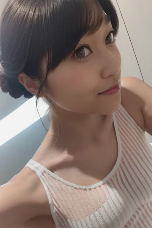 One Girl, Beautiful woman, Striped knit tank top、Pink and white stripes々Panties, skinny, Perfect body, Blonde, Brightly lit room with white walls Highly detailed face, Beautiful Eyes, Beautiful Lips, double eyelid, A shy smile, Shorn bangs, Sunburned skin, Pubic Hair Tips, (Highest quality, 8k, masterpiece:1.3), Front and full body shot, Pussy Line, positive