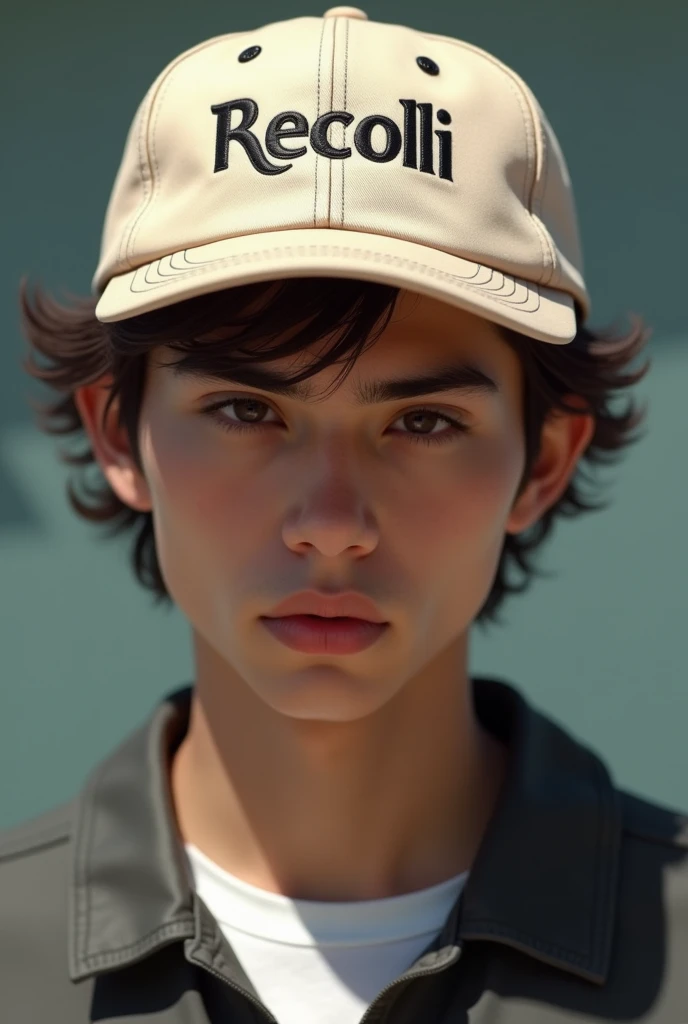 Man wearing a cap with the RECOLLI brand in the five panel model. Cool letter font and 2 L. Another letter font and beige color of the cap.
