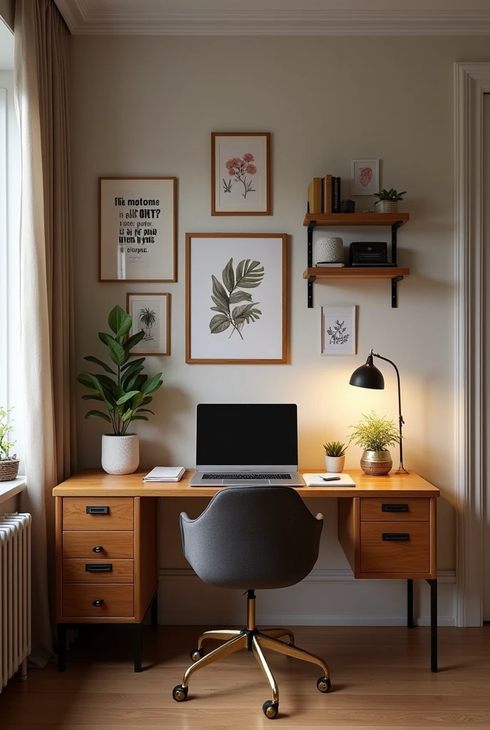 Private home office with a wooden table against the wall (no window) with some wall decor