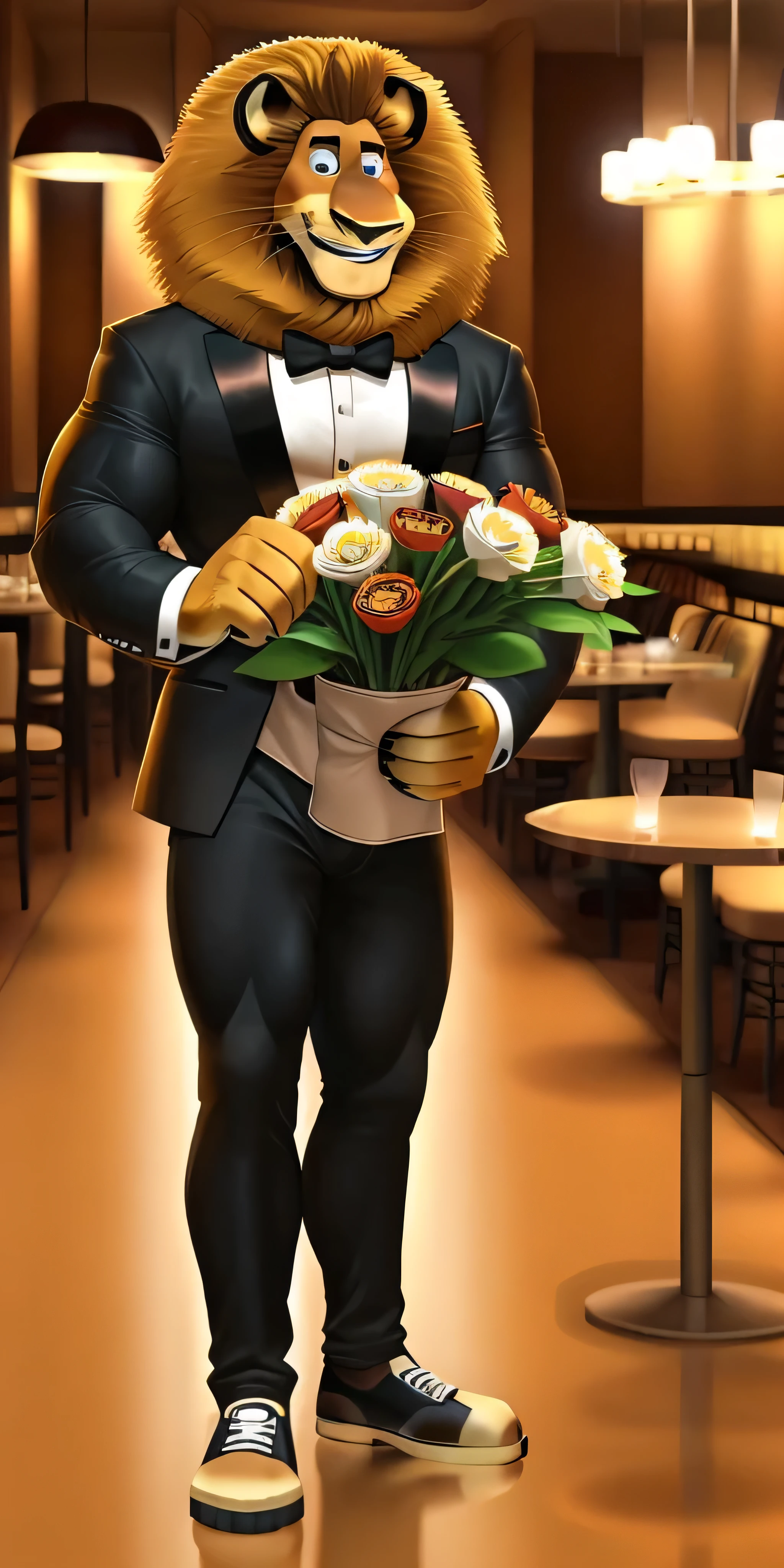 Alex the Lion, muscular body, big biceps, extremely beautiful and cute face, wears tuxedo, black pants, black male shoes, , gentle look, cute smile, restaurant background, holding bouquet of beautiful flowers in one hand, standing