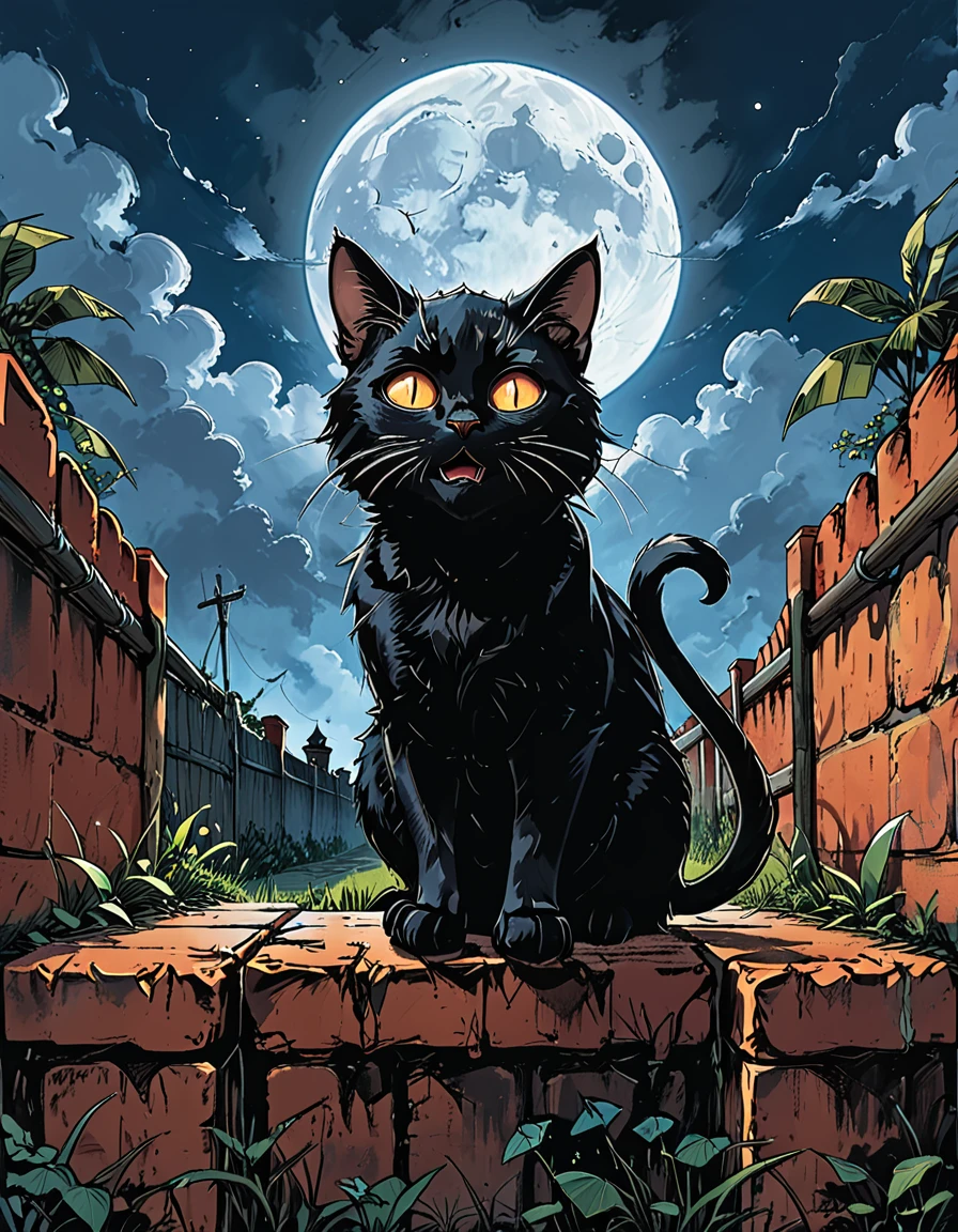 (open mouth),
(low viewing angle),
night, black cat, moon, glowing eyes, cat ((walking)) along above a brick fence, ((high brick fence)), bottom view, tropics, clouds, graphic style of novel comics, 2d, 8k, hyperrealism, masterpiece, high resolution, best quality, ultra-detailed, super realistic, Hyperrealistic art, high-quality, ultra high res, highest detailed, lot of details, Extremely high-resolution details, incredibly lifelike, colourful, soft cinematic light,