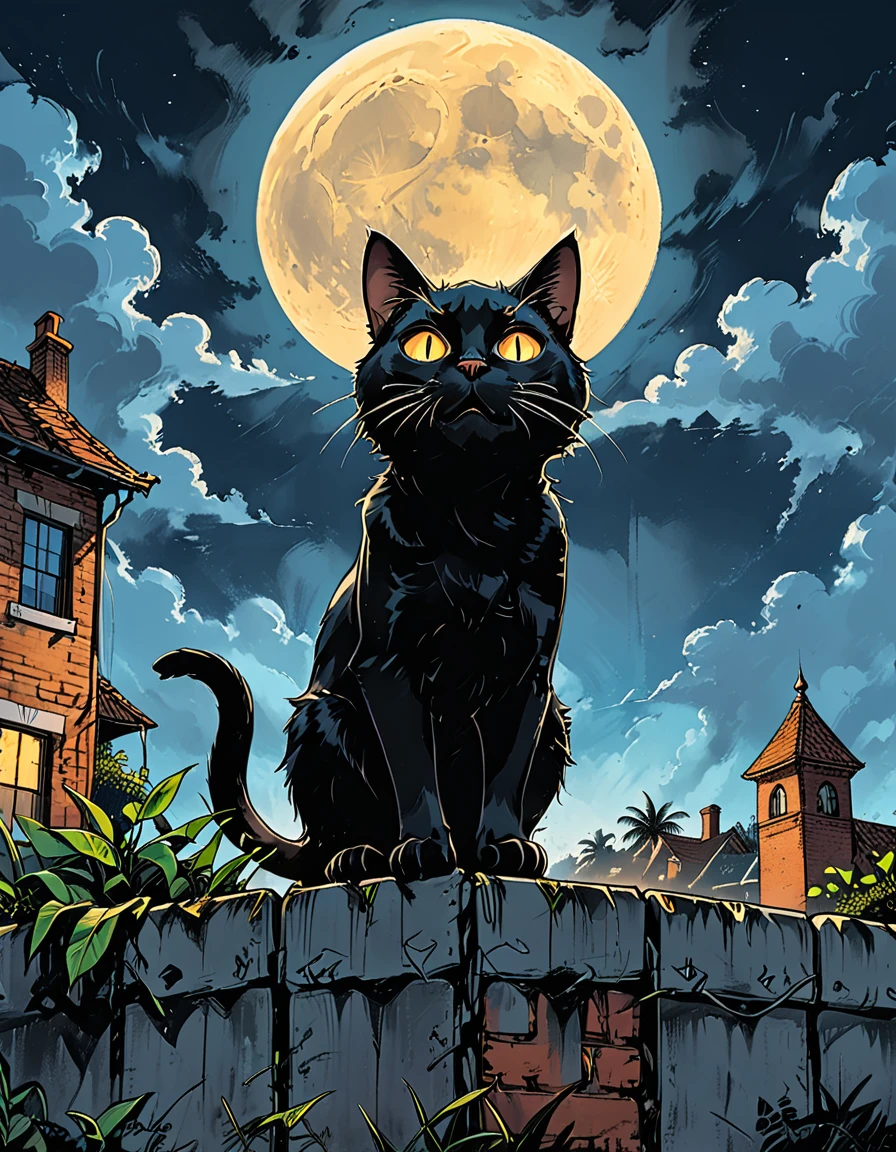 (open mouth), 
(low viewing angle),
night, black cat, moon, glowing eyes, cat ((walking)) along  above a brick fence, ((high brick fence)), bottom view, tropics, clouds, graphic style of novel comics,  2d, 8k, hyperrealism, masterpiece, high resolution, best quality, ultra-detailed, super realistic, Hyperrealistic art, high-quality, ultra high res, highest detailed, lot of details, Extremely high-resolution details, incredibly lifelike, colourful, soft cinematic light,