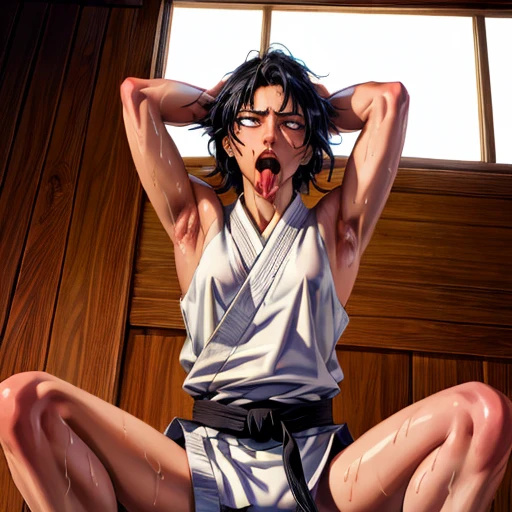 ((((masterpiece, best quality, high resolution)))), Extremely detailed 8K, 1 female, wearing a white Karate gi, (ahegao),white eyes, Small breasts,full body, kneeling, tired, (muscle:1.4), japanese clothes,  No underwear,No eyeballs, Facing the audience, looking at the audience, tired, from below, (Exposed armpit:1.1), ((armpit:1.2)), sexy, Sweating, More and more sweat,(ahegao), (Roll your eyes),  open mouth, Sticking out tongue, saliva, Slobber,Skinny, raise arms, (arms above head:1.5)(Ultra HD, Ultra-detailed, Highly detailed, Highly realistic, Ultra-realistic, photograph realistic), (1girl:1.5), (Realistic black hair), (dynamic poses), facing at camera, looking at viewer, (slightly serious face), (perky breasts:1.2), (beautiful detailed face, beautiful detailed eyes), ((worn out karate gi)), (preparing for a fight), sweat, glow, (sunbeam, sunlight), ((cowboy shot)), inside a training gym, seductive, EnvyBetterHands LoCon,