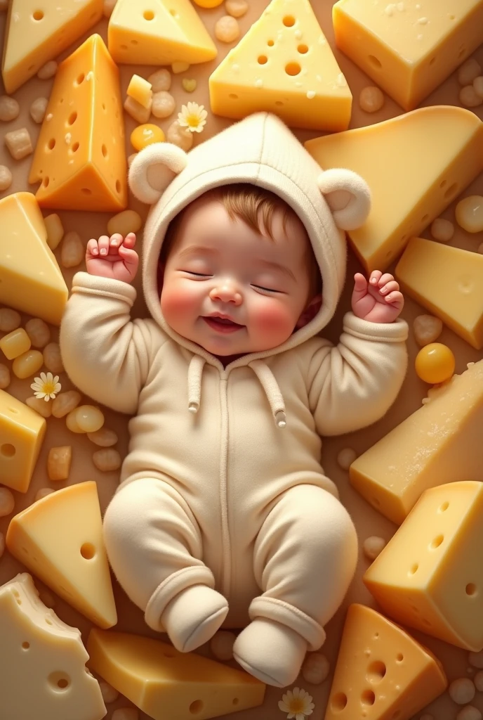 Little baby with lots of cheese around it