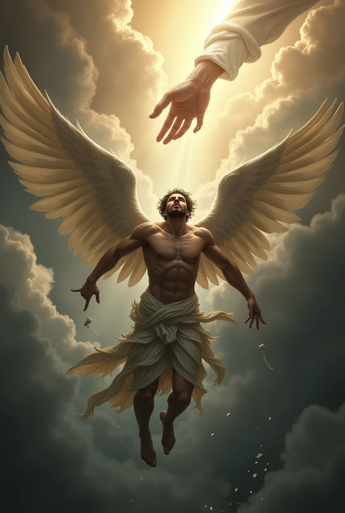 Create a image fallen male angle fallen from sky and her 1 wing is broken 1 father shread and one god's hand visible from ske and save her