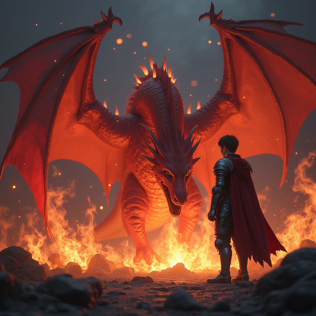 (photorealism:1.2), young knight, stand facing a red fire wyvern, at night among a fire