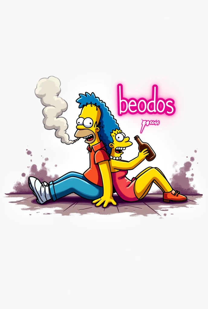 Generate etiqueta de cerveza of Homer Simpson feliz sitting on the floor smoking a cigarette, Marge Simpson feliz sitting on the floor drinking a bottle of whiskey, back to back,text "BEODOS" graffiti neon style