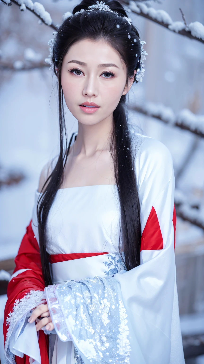 1 Fashion Model [[[[close up]]]], [[[[neck]]]], [[[[Shoulder]]]], (((Complete head)))，(((Complete hairstyle)))，Perfect eyes, Perfect Iris，Perfect lips，Perfect Teeth，Perfect skin，White skin，Soft headlights，High-density imaging，Black long hair，（Clean and delicate face），((Red fur winter hanfu))，((Half-length photo))，((The background is a snowy scene))，((winter))，((Various dynamic poses))，((The background is a snowy scene))，best quality，masterpiece，（Soft colors：1.2）