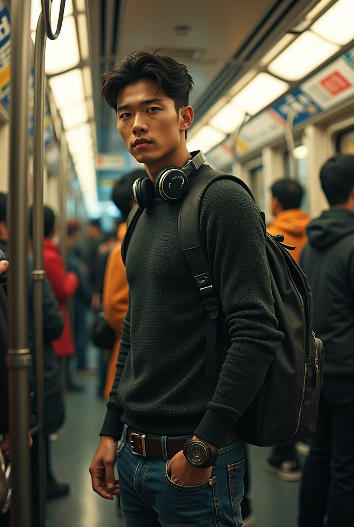 (photorealism:1.2), (cyberpunk), A handsome gothic korean young man is standing inside city train(crowded), headphones, backpack, wearing thight sweater pressing on the body and rocker jeans, sneakers, holding a bar train, ((realistic)), intricate details, warm colors, by Greg Rutkowski, by Alphonse Mucha