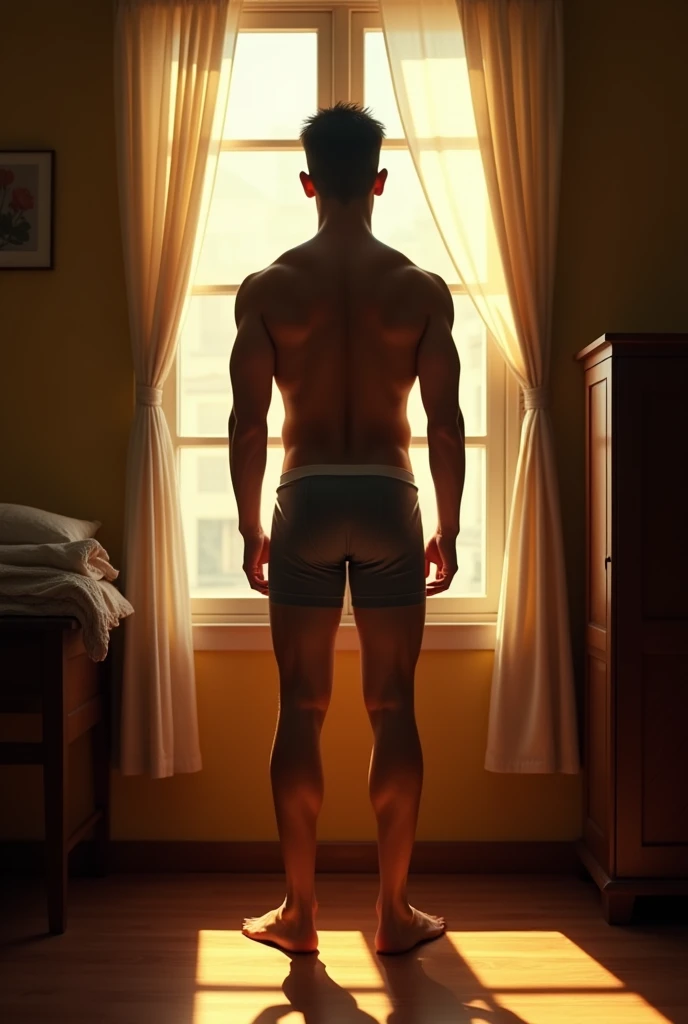 Full Body In a Vietnamese bedroom, a Vietnamese man stands near a window, wearing boxer underwear. Sunlight streams in, casting long, gentle shadows across the room. The composition, with its balanced elements, emphasizes his confident stance and showcases the quiet serenity of the intimate space.