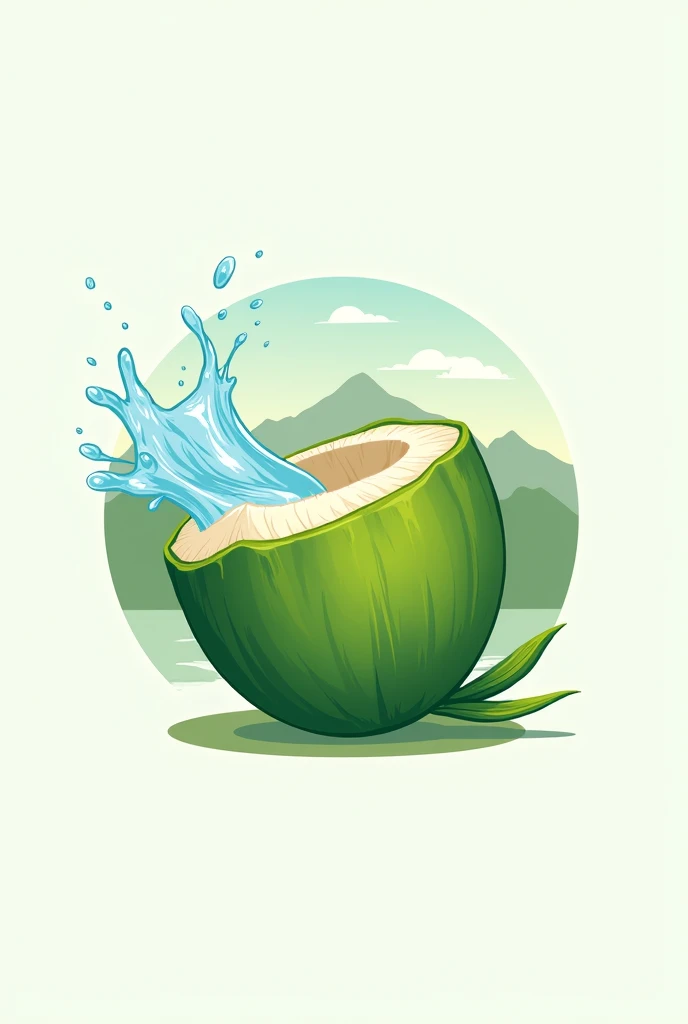 Make me a logo with a drawing of a very juicy and fresh green young coconut with water splash coming out of it with silhoute mountain background and the name of Mai Kelapa Jelly