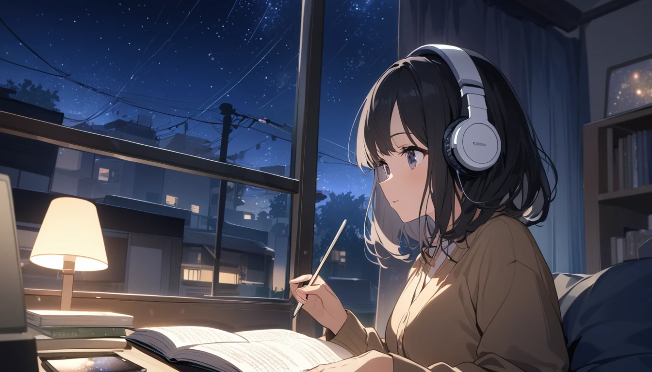 A black-haired woman wearing headphones reading a book in her room,Night starry sky,Streetscape、listen to music、Japanese