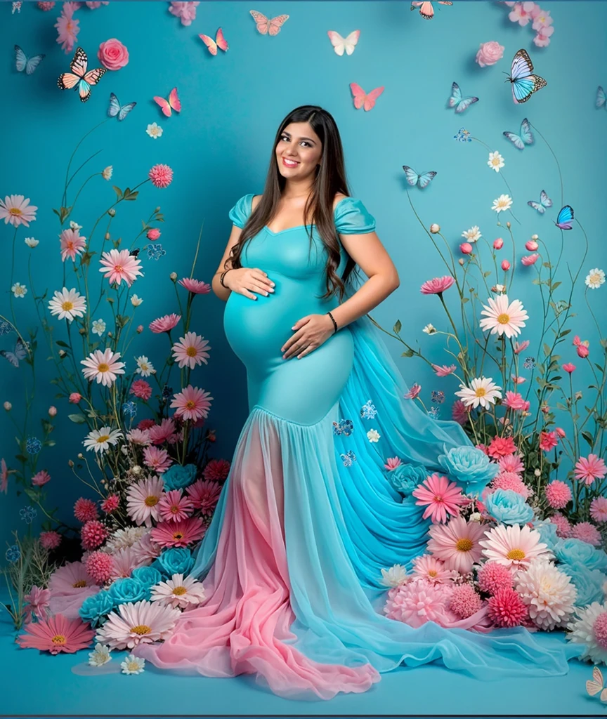 pregnant woman in a blue dress surrounded by flowers and butterflies, a colorized photo by Bernardino Mei, trending on cg society, art photography, cyan photographic backdrop, maternal photography 4 k, full body photoshoot, pink and blue colour, full body pose, * colour splash *, blue and pink colour splash, modeling photography, belly free teal dress, colored photography, full body wide shot