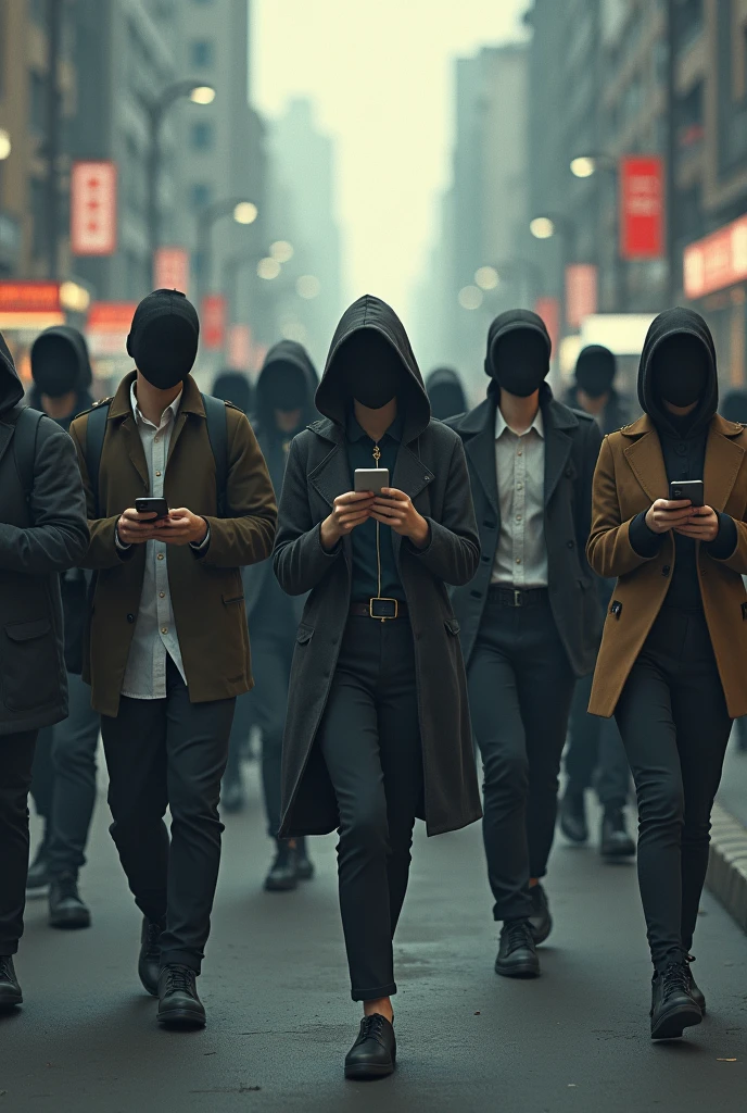 Make a street of people who don't actually have faces. The image must be sad, showing the standardization of behavior in society. People can have different clothes, different skin colors, but everyone must be using their cell phones and moving around the street
